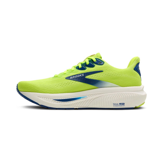 Brooks Ghost 17 men's neutral running shoe in neon green and blue
