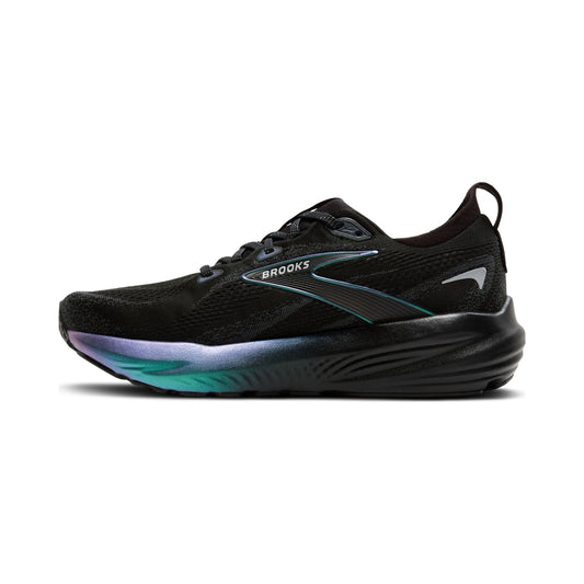 Brooks Glycerin 22 men's neutral running shoe in black with iridescent midsole