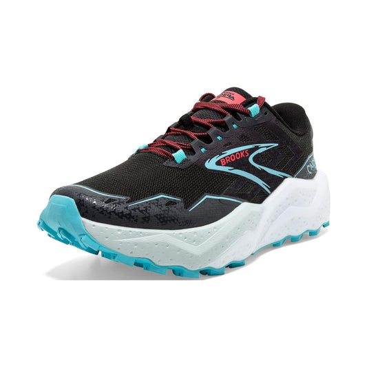 Brooks Women's Caldera 7 trail running shoe in black with blue and pink accents