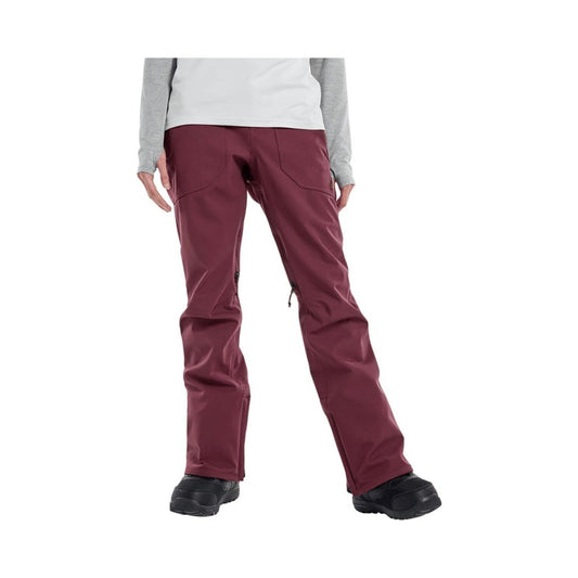 Burton women's Vida snowboard pant in burgundy, front and detail views