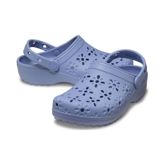 Crocs Unisex Adult Floral Classic Clogs in light blue, multiple views