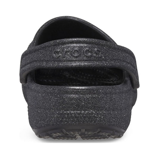 Crocs Classic Clogs in black glitter, multiple views on white background