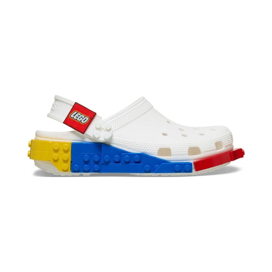 Crocs Classic LEGO System Clogs in black and white with colorful brick sole