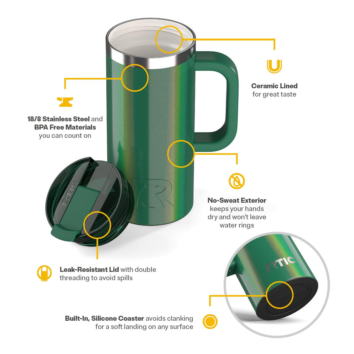 RTIC Road Trip Ceramic-Lined Travel Mug with Lid and Handle