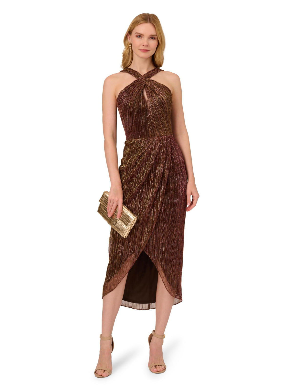 Adrianna Papell Women's Halter Crinkle Metallic Dress