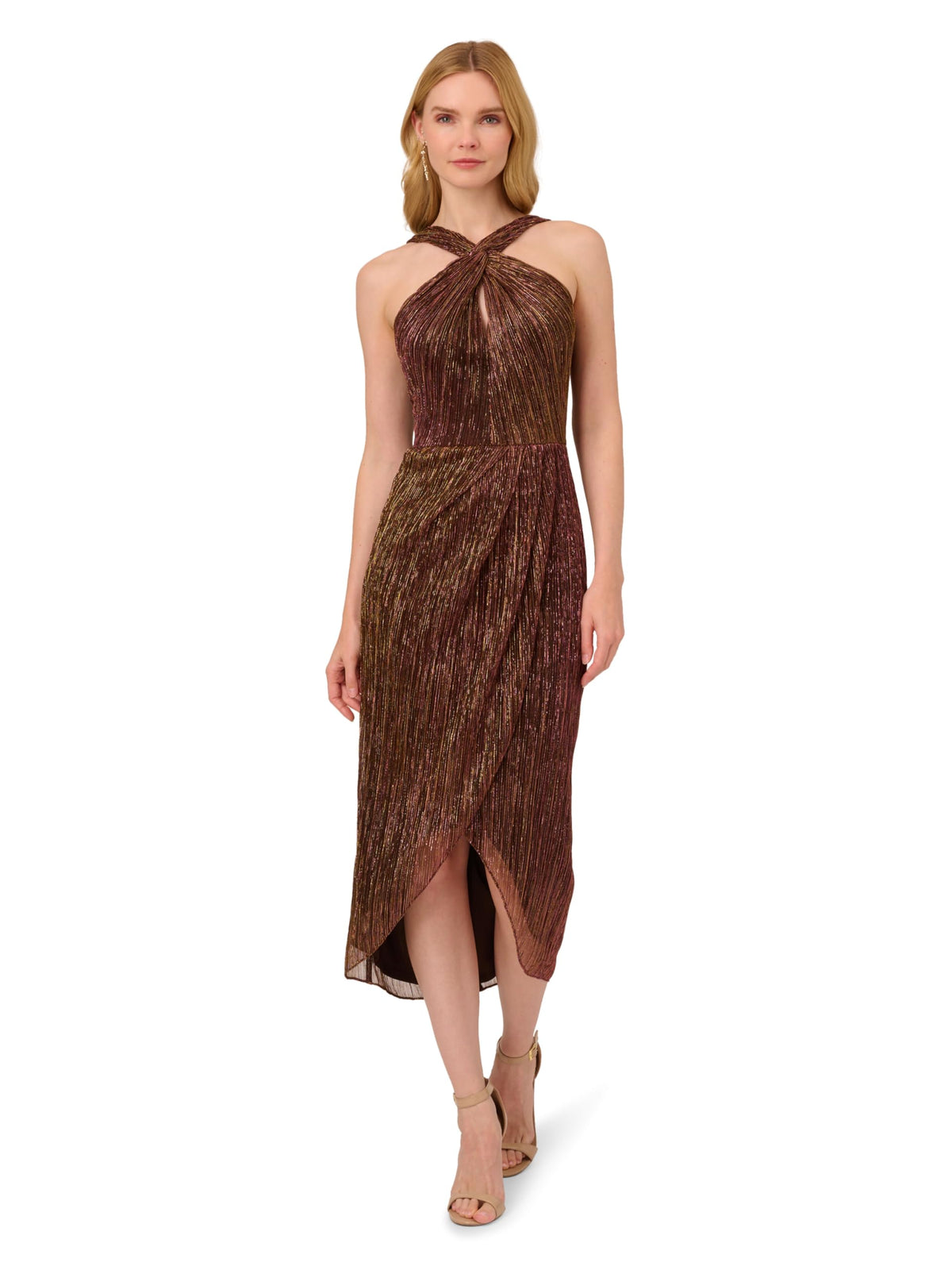 Adrianna Papell Women's Halter Crinkle Metallic Dress