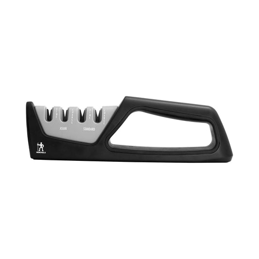 Henckels 4-stage handheld knife sharpener in black and gray