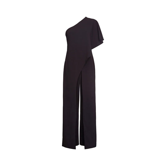 Adrianna Papell black one-shoulder wide-leg jumpsuit with draped sleeve
