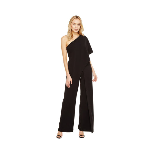 Adrianna Papell black one-shoulder wide-leg jumpsuit with draped sleeve