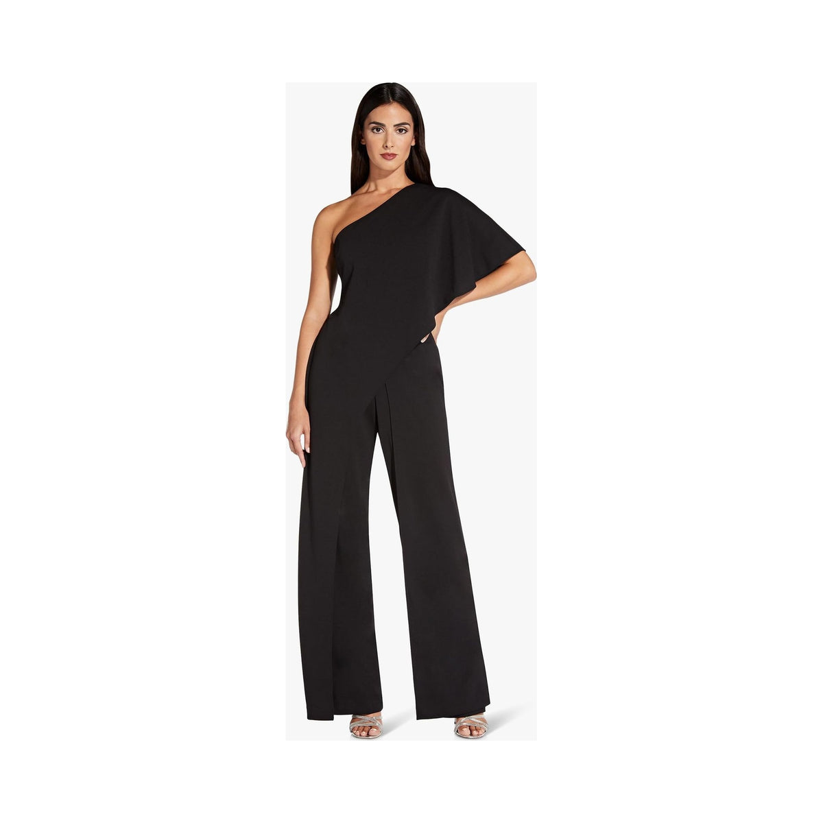 Adrianna Papell black one-shoulder wide-leg jumpsuit with draped sleeve
