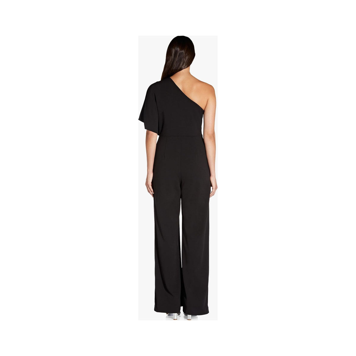 Adrianna Papell black one-shoulder wide-leg jumpsuit with draped sleeve