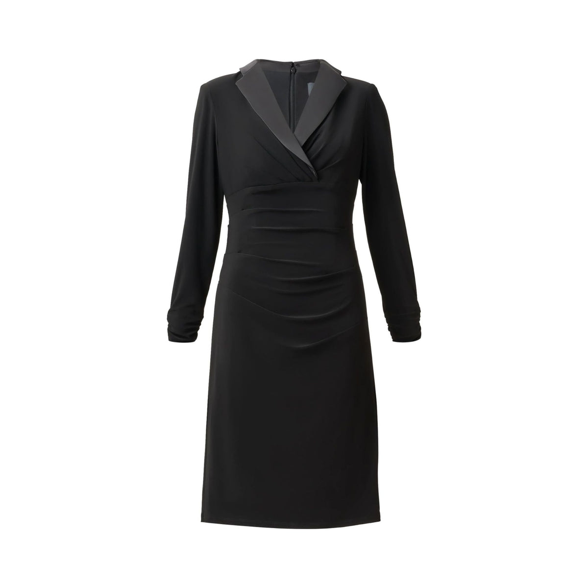 Adrianna Papell black stretch jersey tuxedo cocktail dress with shawl collar