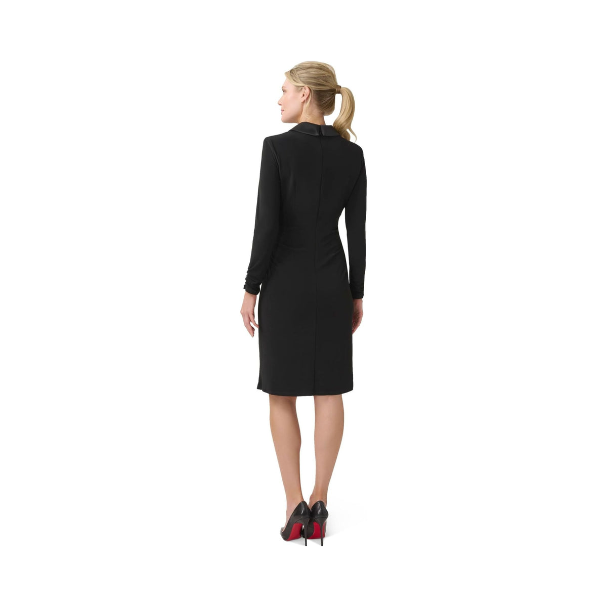 Adrianna Papell black stretch jersey tuxedo cocktail dress with shawl collar