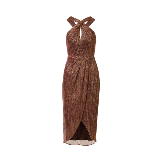 Adrianna Papell halter crinkle metallic bronze midi dress, front and back views