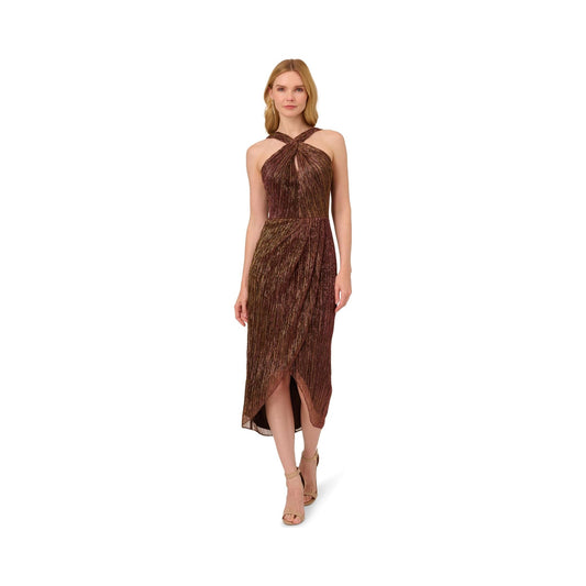 Adrianna Papell halter crinkle metallic bronze midi dress, front and back views