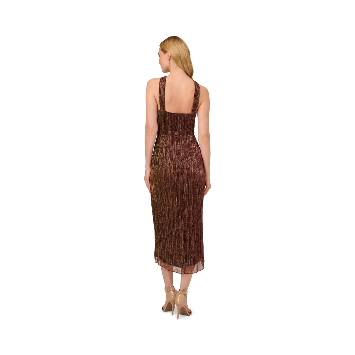 Adrianna Papell halter crinkle metallic bronze midi dress, front and back views