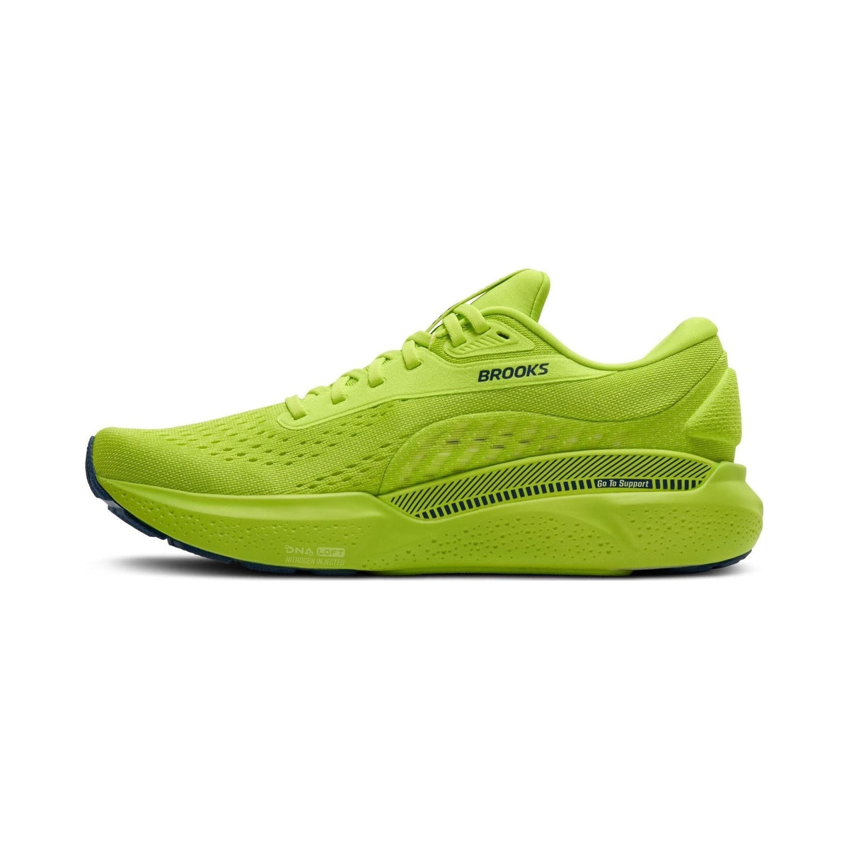 Brooks Men's Adrenaline GTS 24 running shoe in neon lime with navy accents