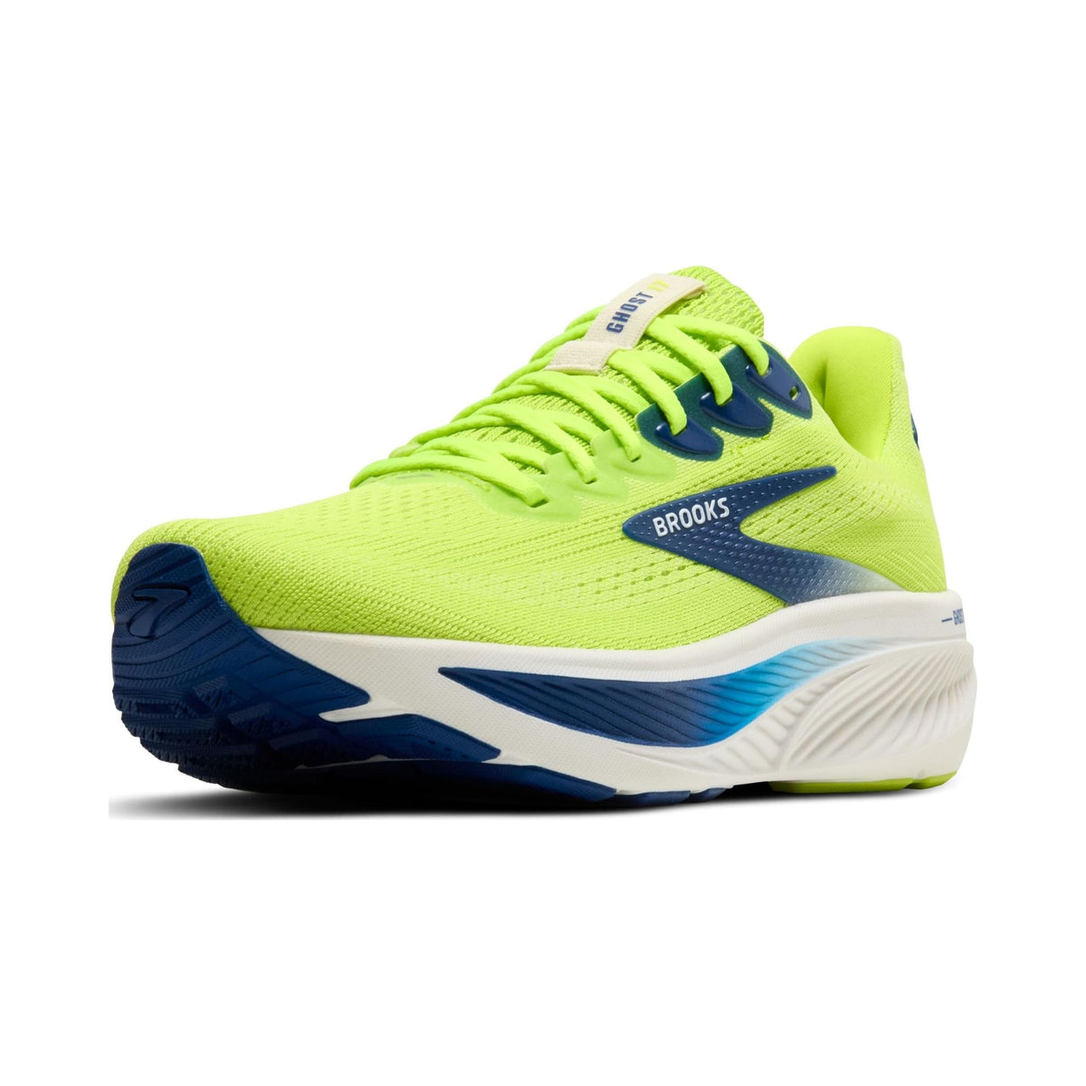 Brooks Ghost 17 men's neutral running shoe in neon green and blue