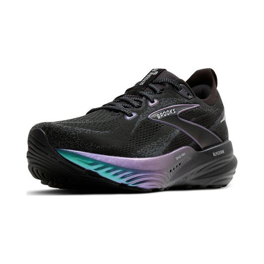 Brooks Glycerin 22 men's neutral running shoe in black with iridescent midsole
