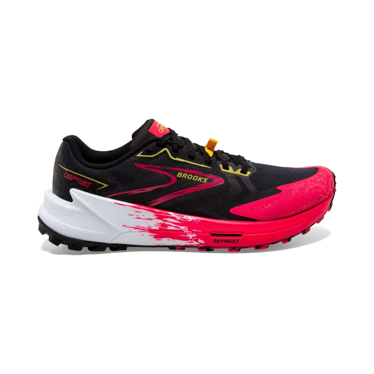 Brooks Women's Catamount 3 trail running shoe in black and pink, side view