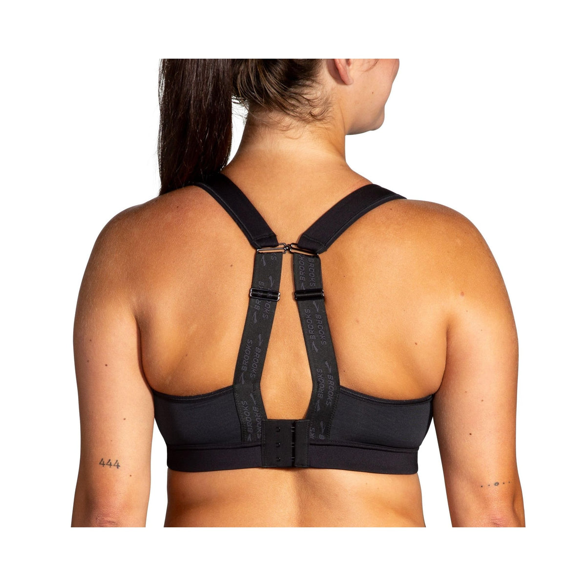 Brooks Women's Convertible 2.0 black high-impact sports bra, front and back views