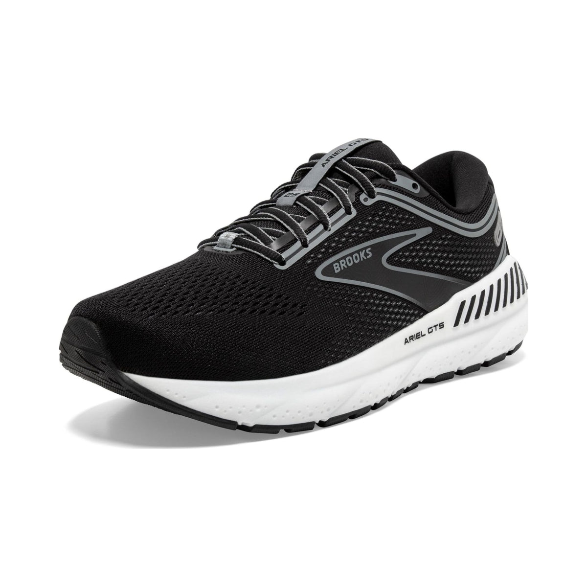 Brooks Women's Ariel GTS 23 running shoe in black and white, side view