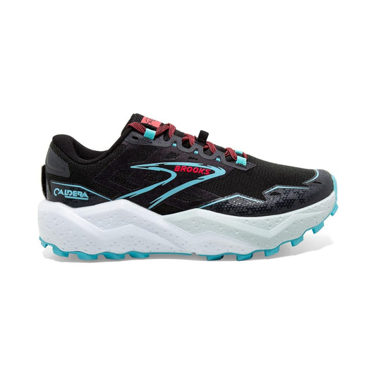 Brooks Women's Caldera 7 trail running shoe in black with blue and pink accents