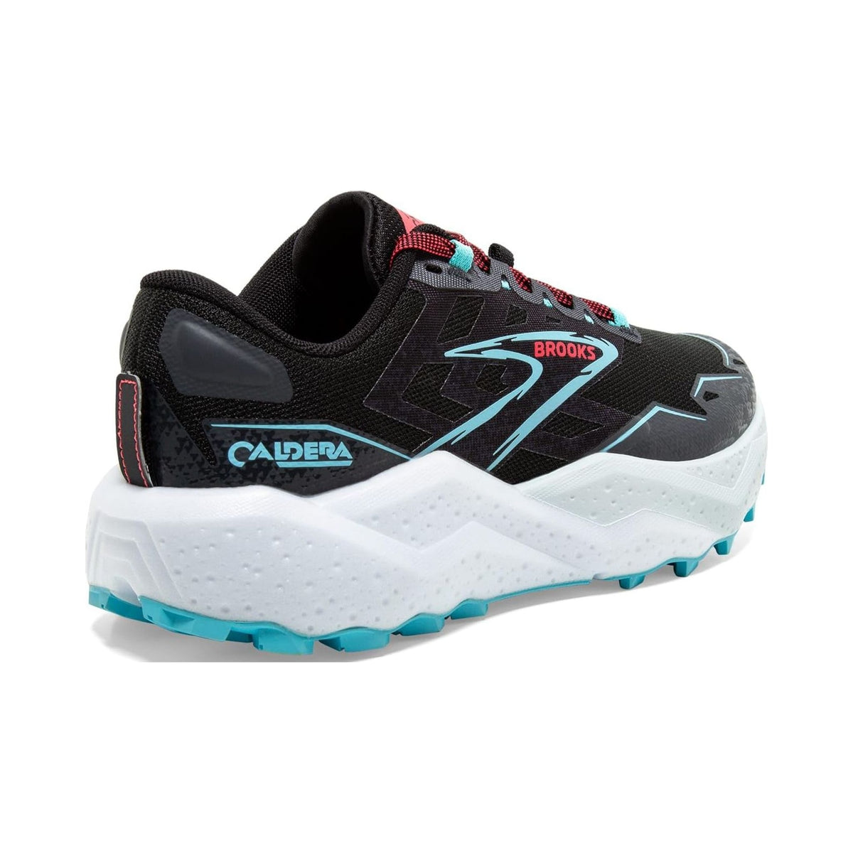 Brooks Women's Caldera 7 trail running shoe in black with blue and pink accents