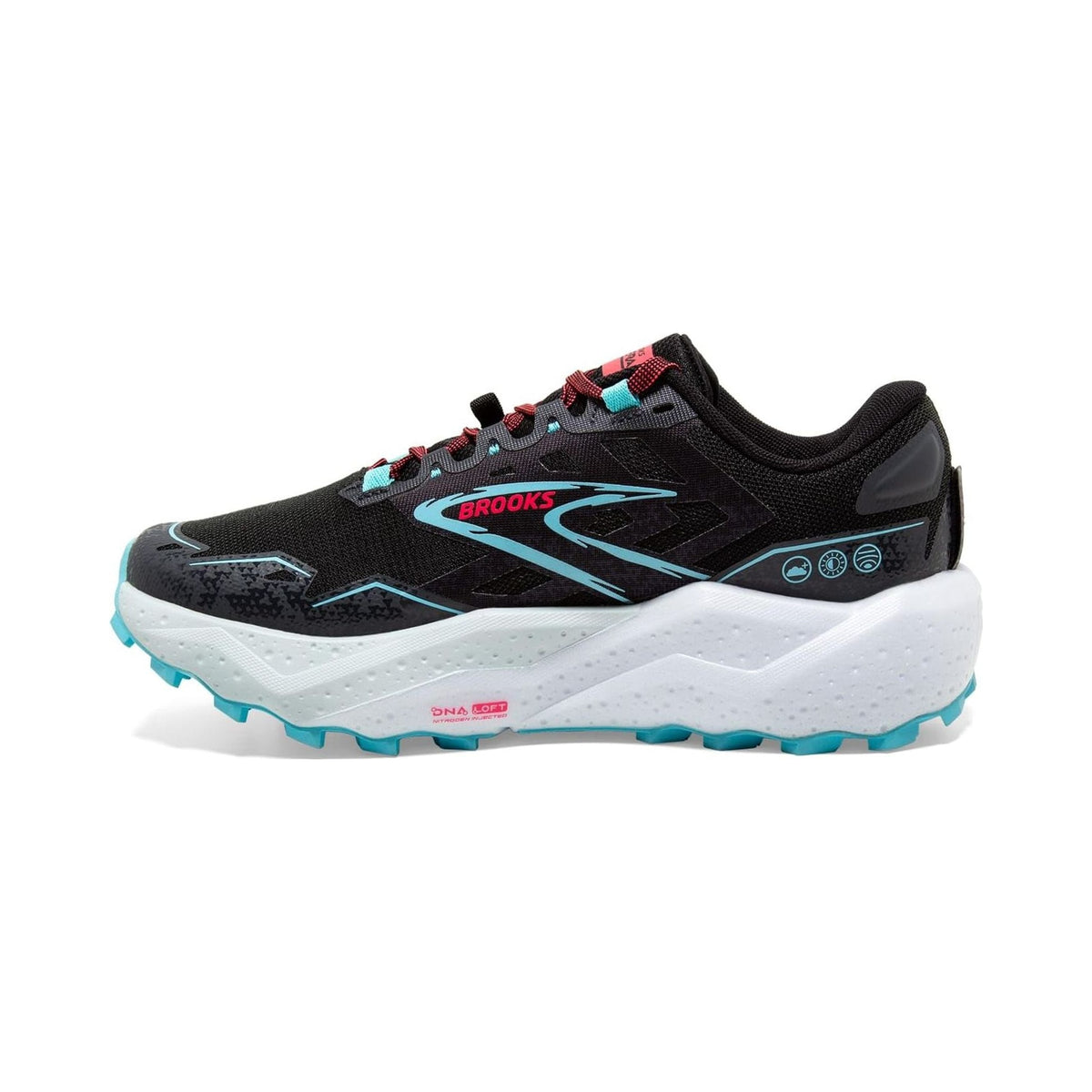 Brooks Women's Caldera 7 trail running shoe in black with blue and pink accents