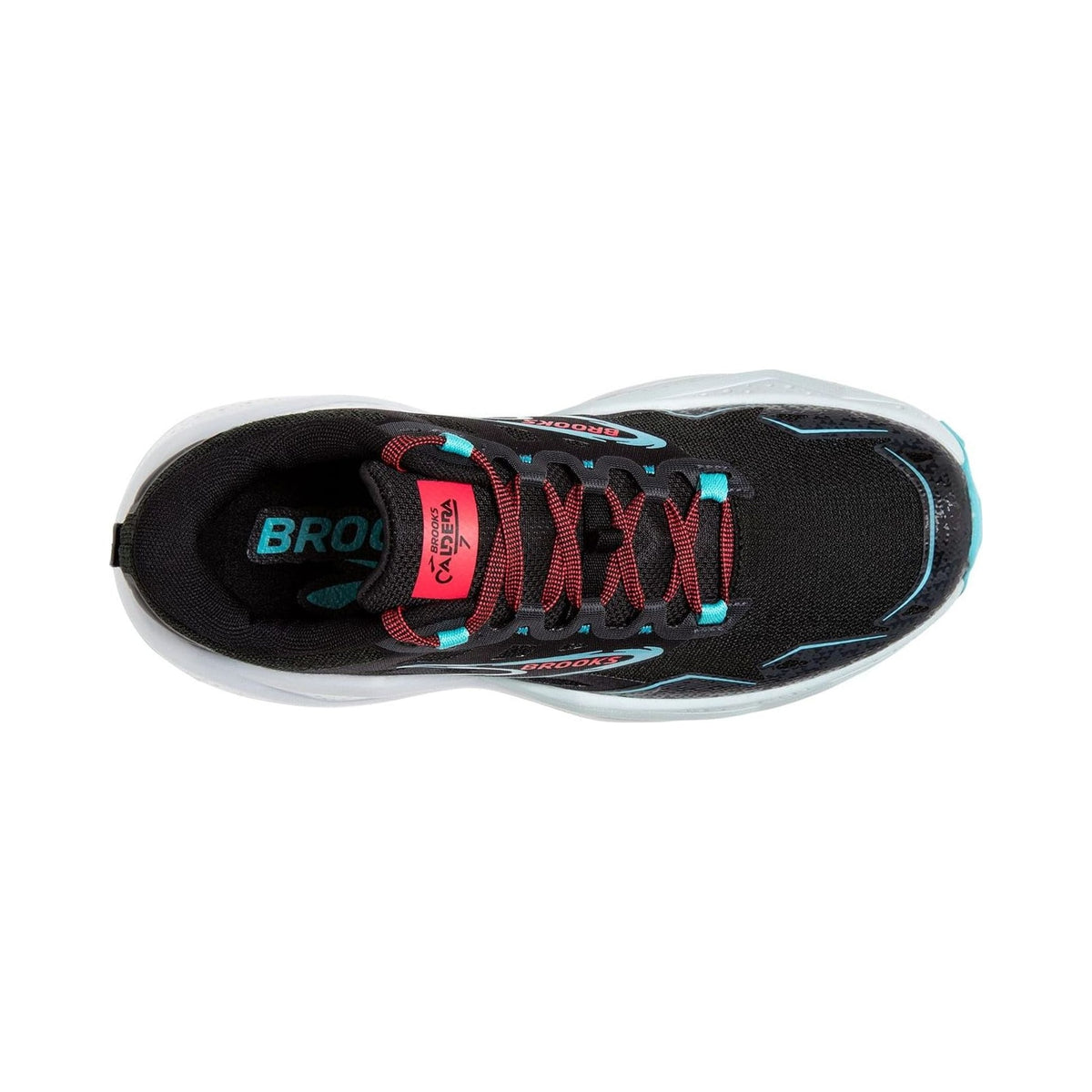 Brooks Women's Caldera 7 trail running shoe in black with blue and pink accents