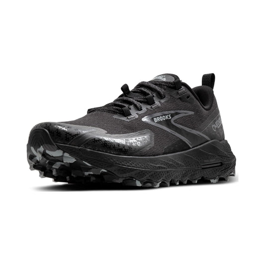 Brooks Cascadia 18 women's trail running shoe in all black, side and outsole views