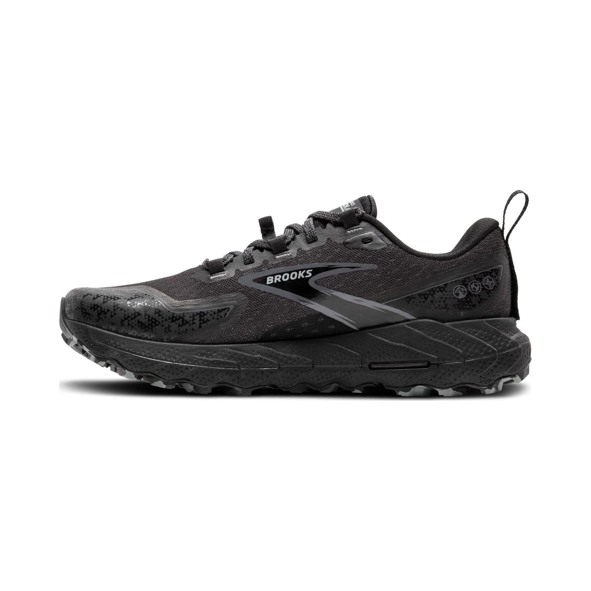 Brooks Cascadia 18 women's trail running shoe in all black, side and outsole views