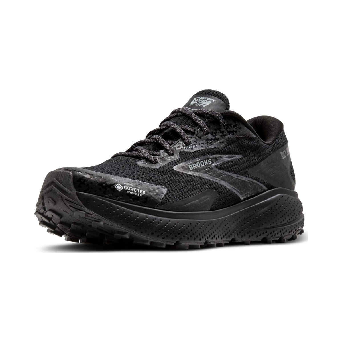 Brooks Women's Divide 5 trail running shoe in all black, side and outsole views