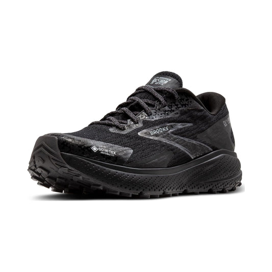 Brooks Women's Divide 5 trail running shoe in all black, side and outsole views