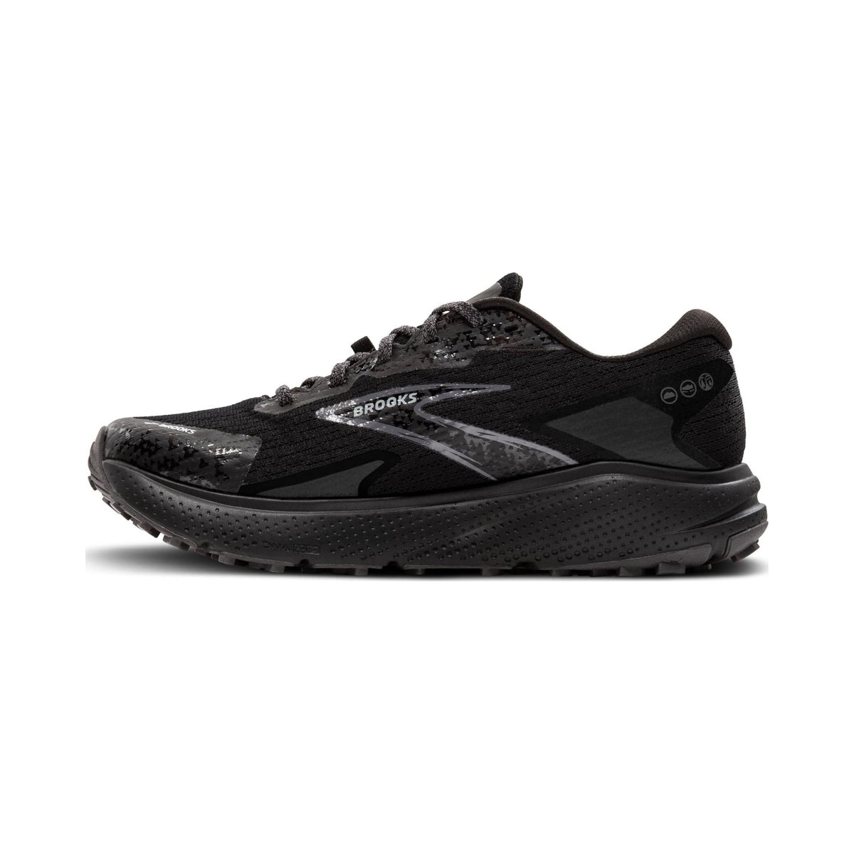 Brooks Women's Divide 5 trail running shoe in all black, side and outsole views