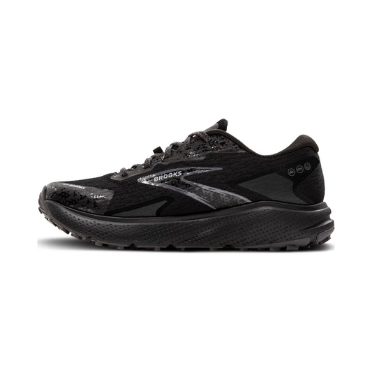 Brooks Women's Divide 5 trail running shoe in all black, side and outsole views