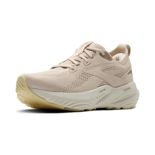 Brooks Women's Glycerin 22 neutral running shoe in beige, side and sole views