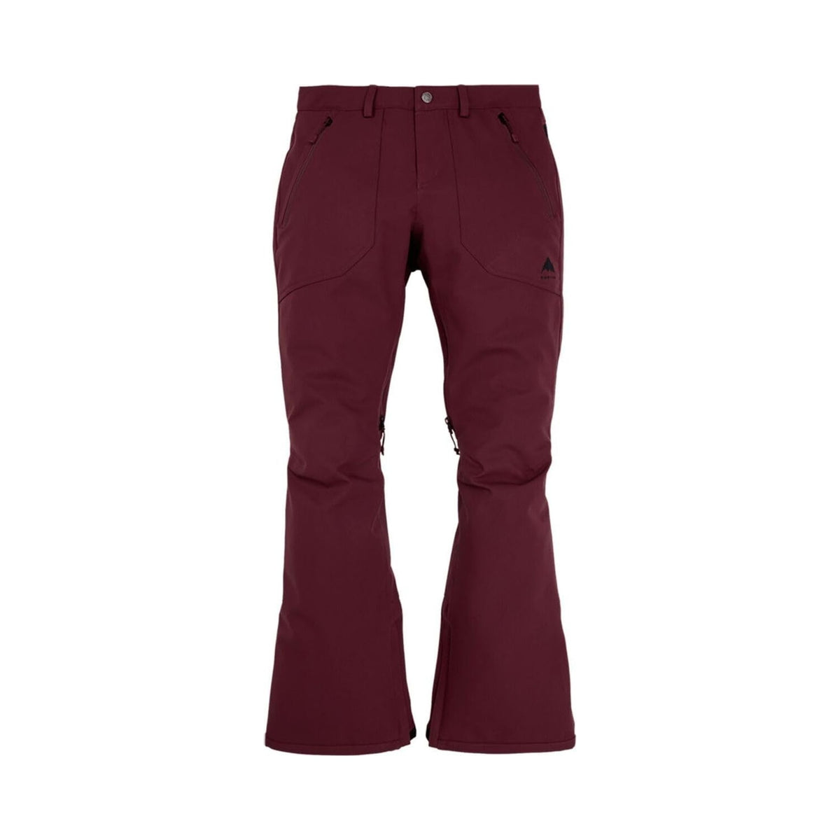 Burton women's Vida snowboard pant in burgundy, front and detail views