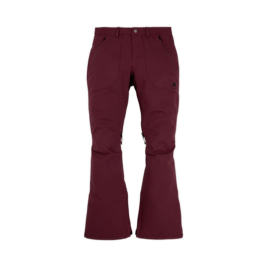 Burton women's Vida snowboard pant in burgundy, front and detail views
