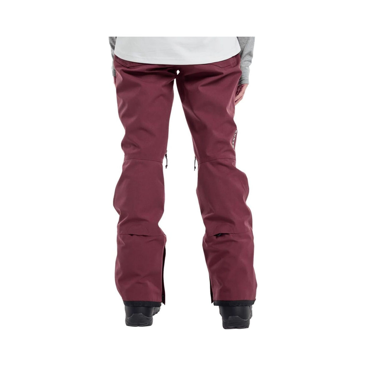 Burton women's Vida snowboard pant in burgundy, front and detail views