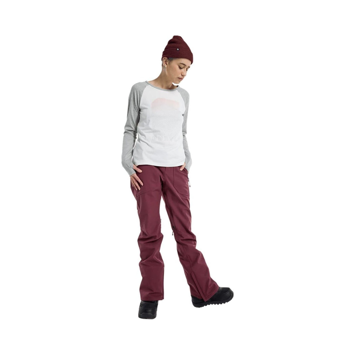 Burton women's Vida snowboard pant in burgundy, front and detail views