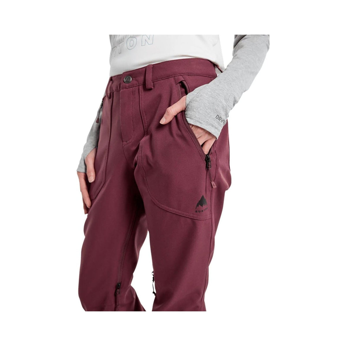 Burton women's Vida snowboard pant in burgundy, front and detail views