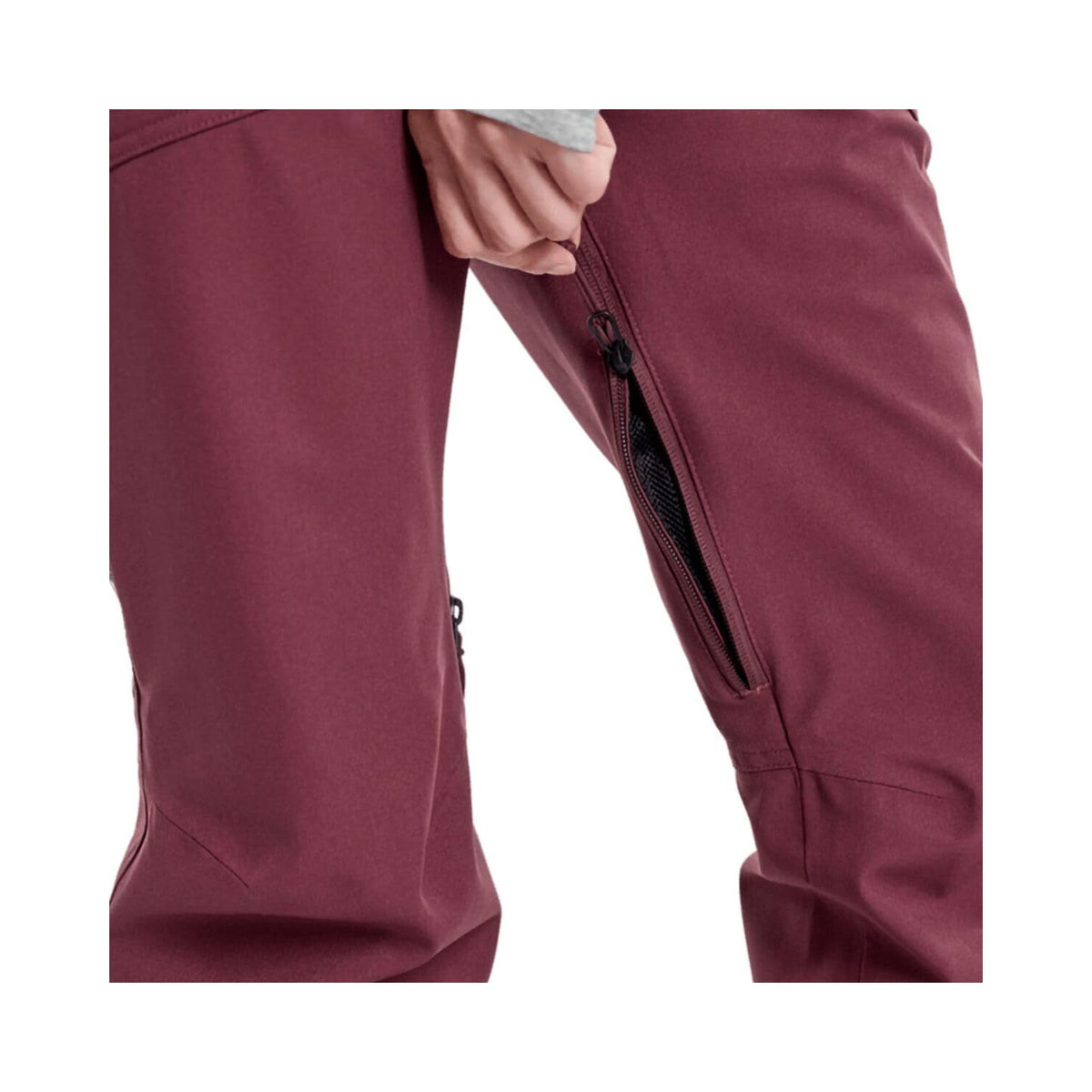 Burton women's Vida snowboard pant in burgundy, front and detail views