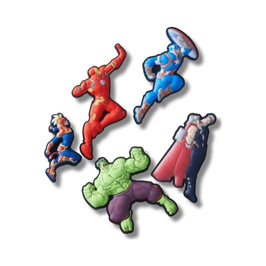Crocs Jibbitz 5-pack superhero shoe charms shown loose and on white clogs