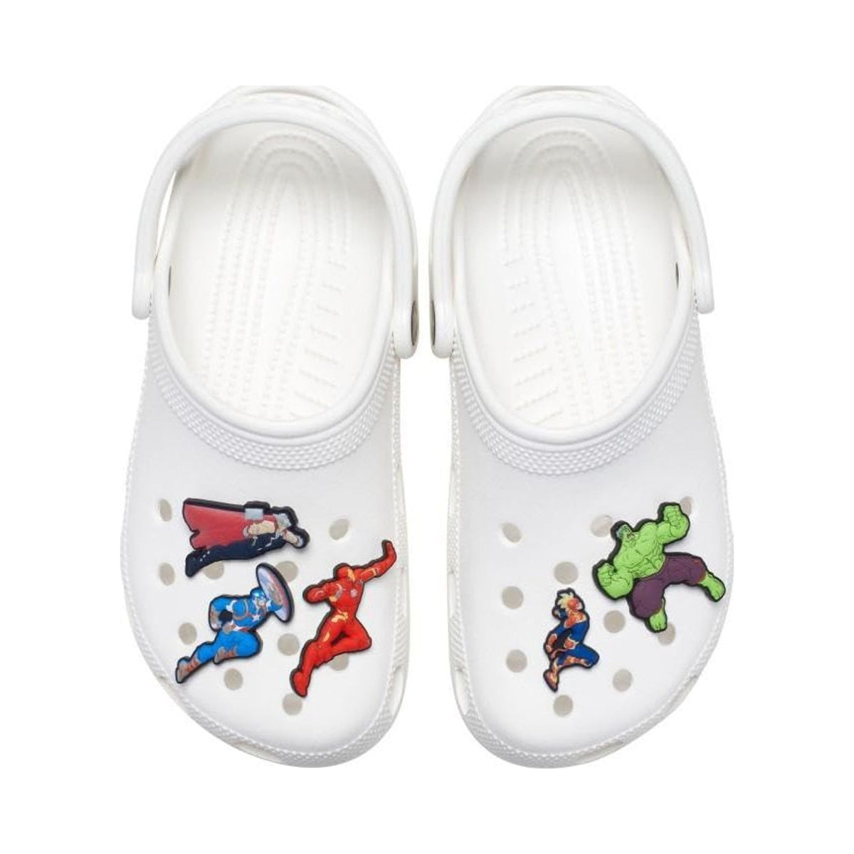 Crocs Jibbitz 5-pack superhero shoe charms shown loose and on white clogs