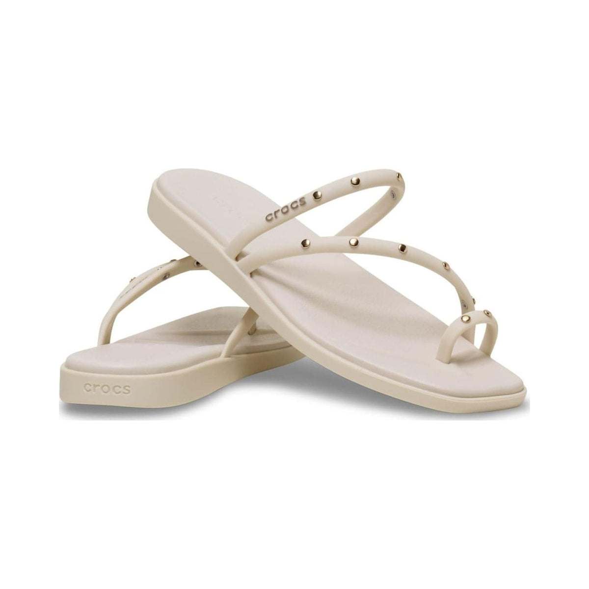 Crocs Women's Miami Toe Loop Sandal in bone with gold studs