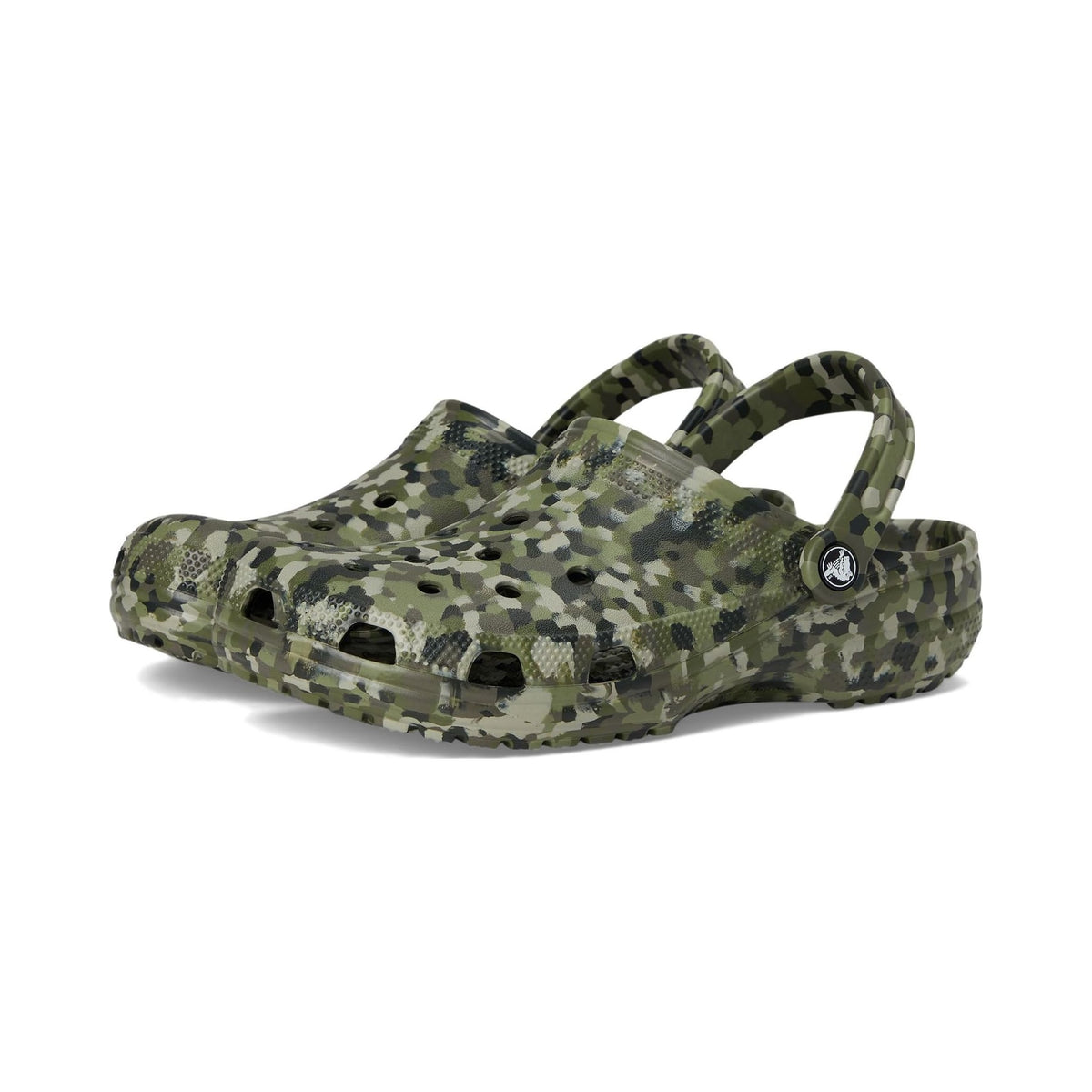 Crocs Classic clog in green camo print, unisex slip-on with heel strap