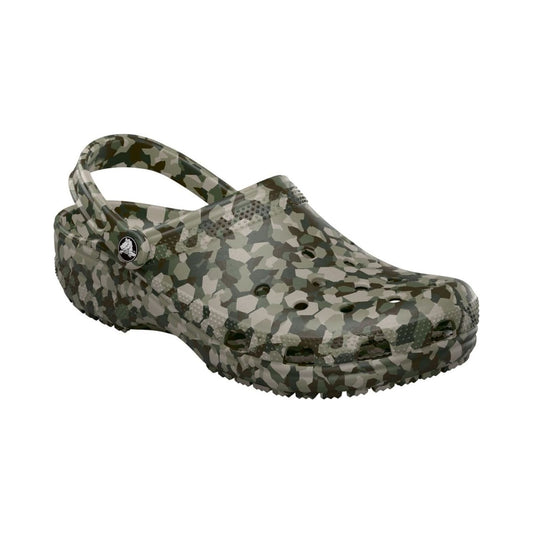 Crocs Classic clog in green camo print, unisex slip-on with heel strap