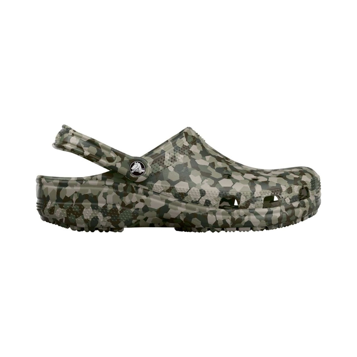 Crocs Classic clog in green camo print, unisex slip-on with heel strap
