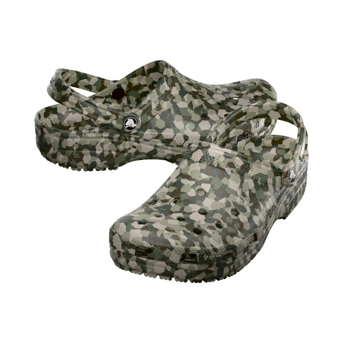 Crocs Classic clog in green camo print, unisex slip-on with heel strap